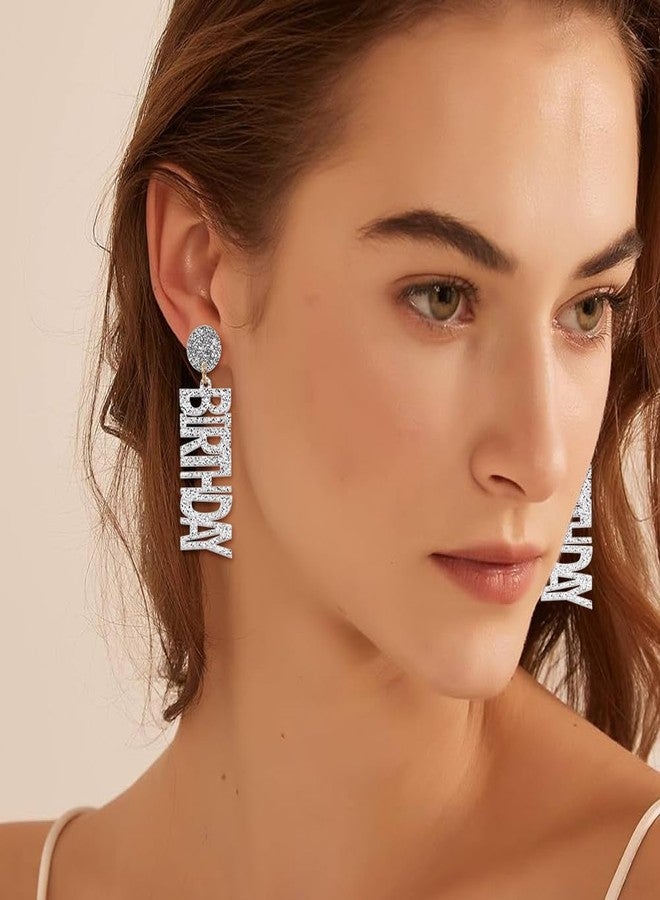 Wovanoo Happy Birthday Earrings Glitter Drop Dangle Earrings for Women Silver - Image 2